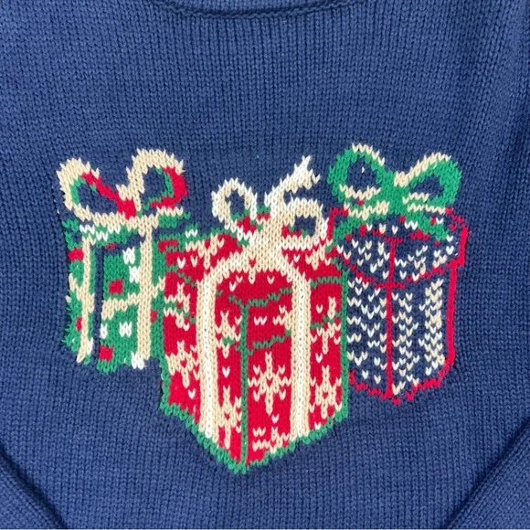 Woman Within Navy Ugly Christmas Holiday Sweater with Gift Presents - Picture 2 of 7